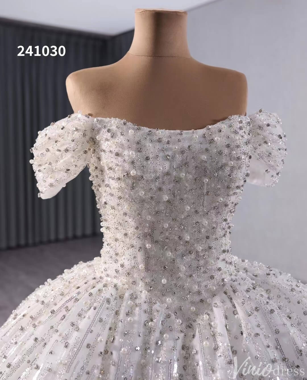 Gorgeous Pearl Sequin Wedding Gown Sparkly Off the Shoulder Bridal Dress 241030-wedding dresses 2025 -Viniodress-Ivory-Custom Size-