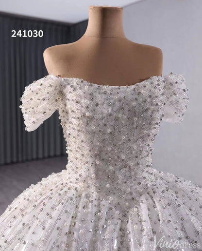 Gorgeous Pearl Sequin Wedding Gown Sparkly Off the Shoulder Bridal Dress 241030-wedding dresses 2025 -Viniodress-Ivory-Custom Size-