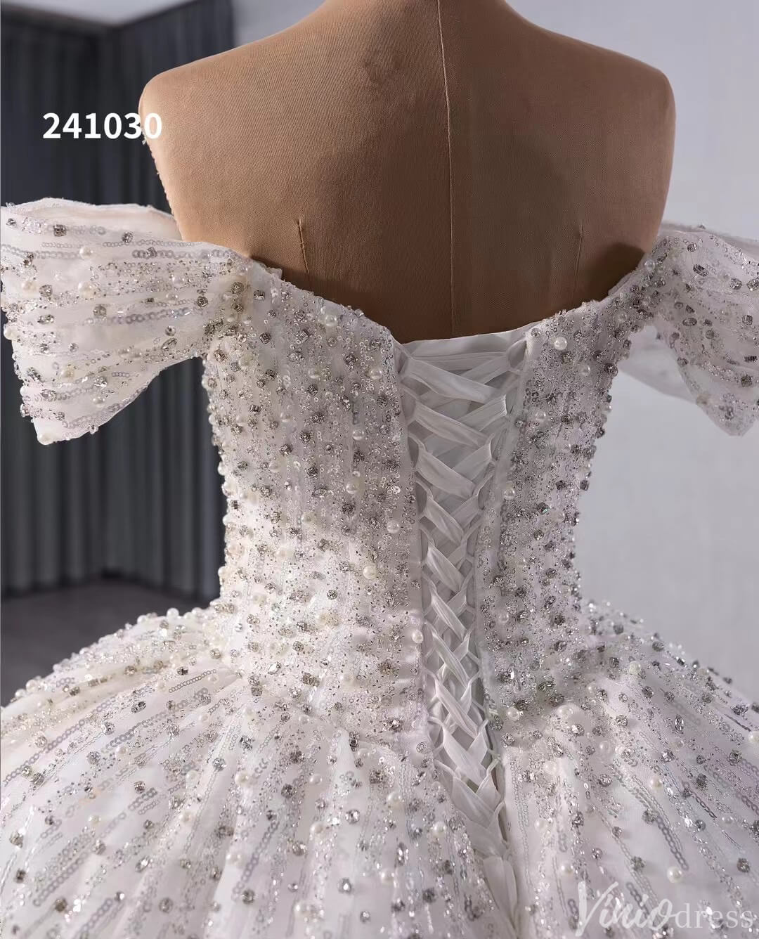 Gorgeous Pearl Sequin Wedding Gown Sparkly Off the Shoulder Bridal Dress 241030-wedding dresses 2025 -Viniodress-Ivory-Custom Size-