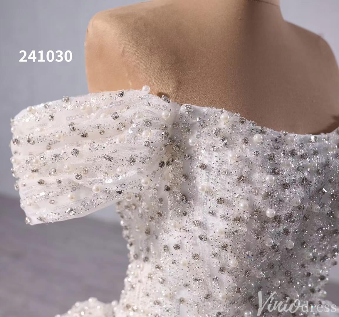 Gorgeous Pearl Sequin Wedding Gown Sparkly Off the Shoulder Bridal Dress 241030-wedding dresses 2025 -Viniodress-Ivory-Custom Size-