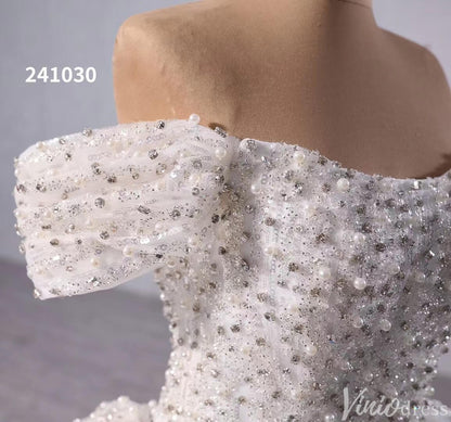 Gorgeous Pearl Sequin Wedding Gown Sparkly Off the Shoulder Bridal Dress 241030-wedding dresses 2025 -Viniodress-Ivory-Custom Size-