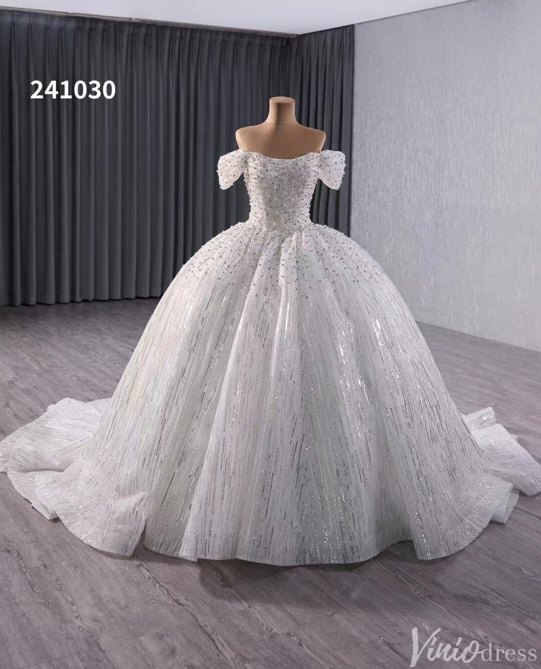 Gorgeous Pearl Sequin Wedding Gown Sparkly Off the Shoulder Bridal Dress 241030-wedding dresses 2025 -Viniodress-Ivory-Custom Size-