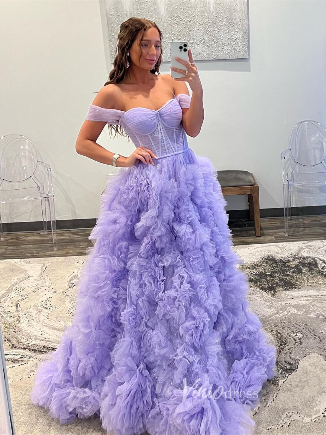 Gorgeous Pleated Ruffle Prom Dresses with Slit Off the Shoulder Ball Gown FD3626-prom dresses 2025 -Viniodress-Lavender-Custom Size-