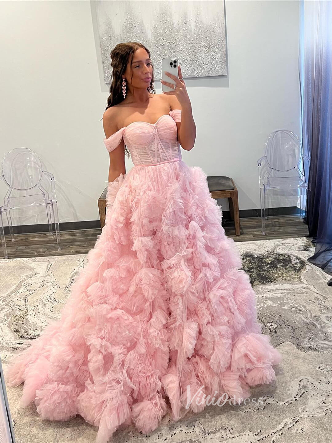 Gorgeous Pleated Ruffle Prom Dresses with Slit Off the Shoulder Ball Gown FD3626-prom dresses 2025 -Viniodress-Pink-Custom Size-