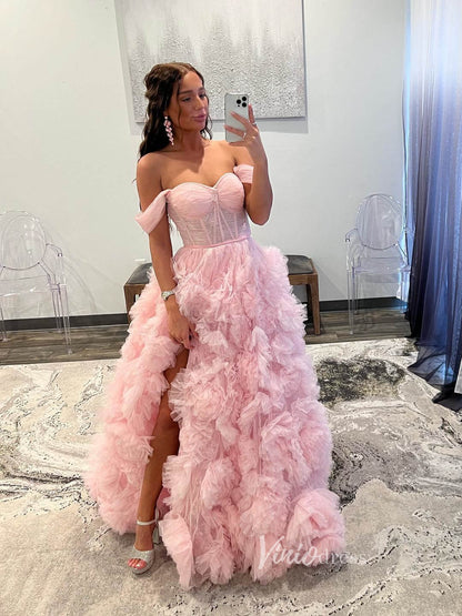 Gorgeous Pleated Ruffle Prom Dresses with Slit Off the Shoulder Ball Gown FD3626-prom dresses 2025 -Viniodress-Pink-Custom Size-
