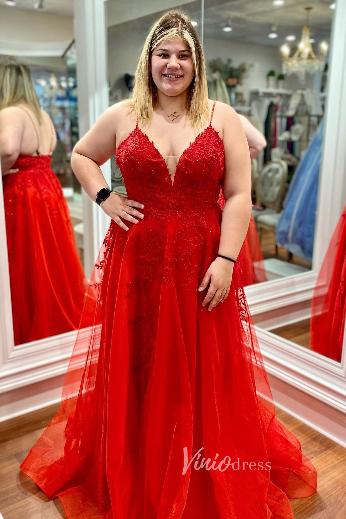 Gorgeous Red Lace Applique Prom Dress with Plunging V - Neck Spaghetti Strap FD3469 - Viniodressprom dressesRedCustom Size - Formal Dresses - Ball Gowns