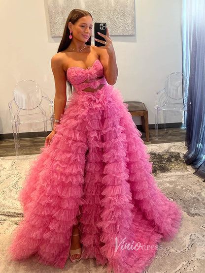 Gorgeous Ruffle Prom Dresses Strapless Quinceanera Dress FD3630-prom dresses 2025 -Viniodress-Pink-Custom Size-