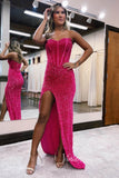 Prom Dress 2025 Gorgeous Strapless Mermaid Sequin Prom Dress with Sweetheart Neck and High Slit FD3458-unique prom dresses-Magenta-Custom Size-Viniodress