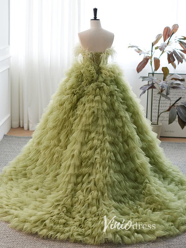 Gorgeous Strapless Ruffled Quinceanera Dresses Feathers Ball Gown AD1003-prom dresses 2025 -Viniodress-Olive Green-Custom Size-