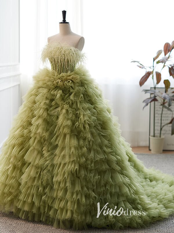 Gorgeous Strapless Ruffled Quinceanera Dresses Feathers Ball Gown AD1003-prom dresses 2025 -Viniodress-Olive Green-Custom Size-