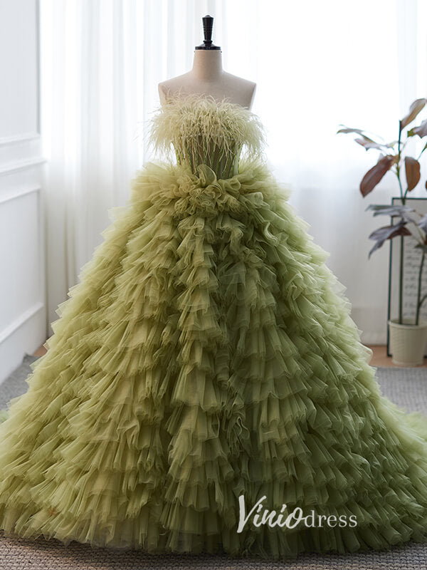 Gorgeous Strapless Ruffled Quinceanera Dresses Feathers Ball Gown AD1003-prom dresses-Viniodress-Olive Green-Custom Size-Viniodress