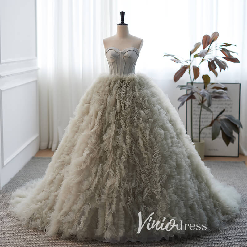 Prom Dress 2025 Gorgeous Strapless Ruffled Tulle Quinceanera Dresses FD3536-unique prom dresses-Grey-Custom Size-Viniodress