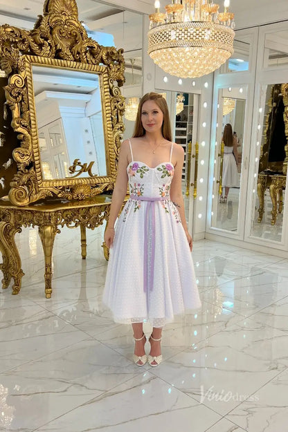 Graceful Floral Embroidered Midi Wedding Dress with Sweetheart Bustier & Dotted Tulle Skirt – FW252-wedding dresses 2025 -Viniodress-White-Custom Size-