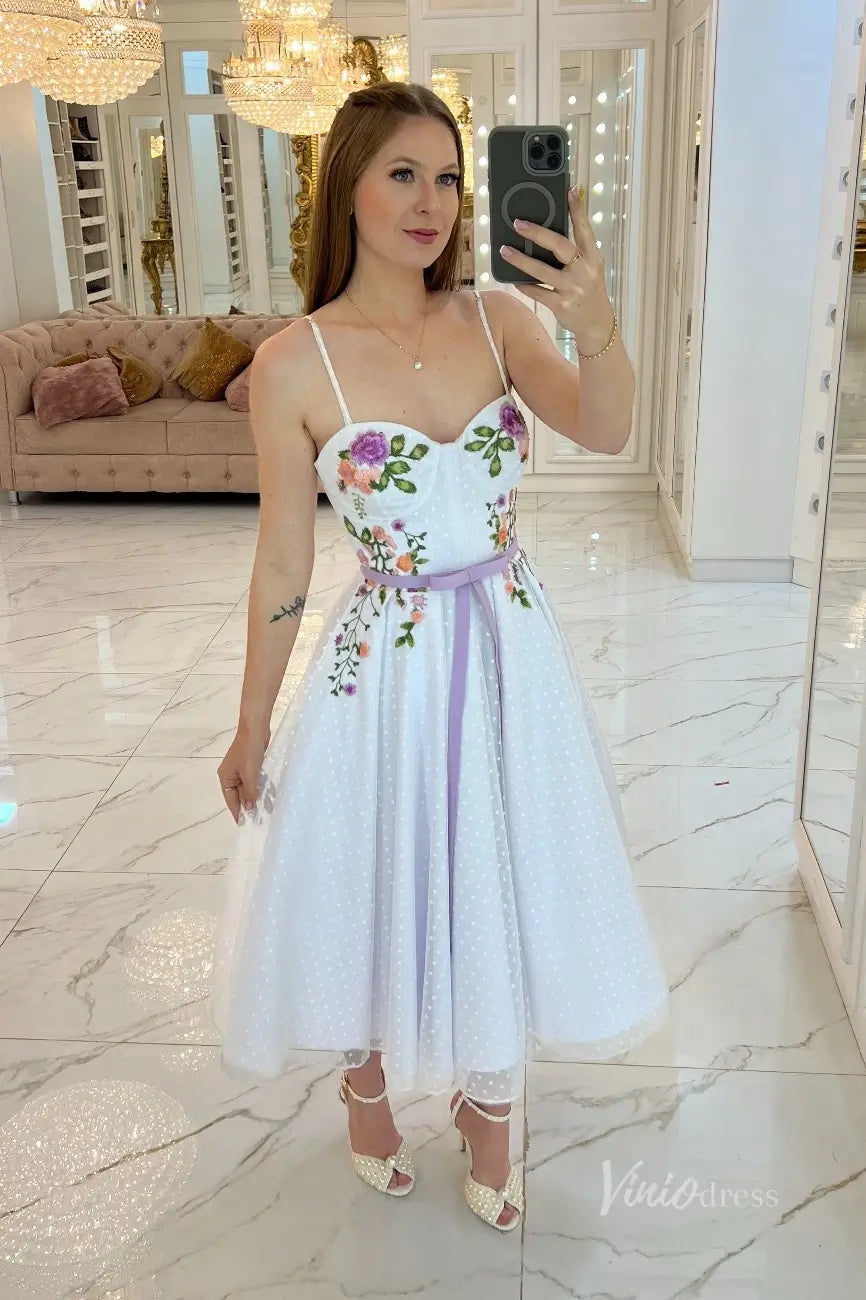 Graceful Floral Embroidered Midi Wedding Dress with Sweetheart Bustier & Dotted Tulle Skirt – FW252-wedding dresses 2025 -Viniodress-White-Custom Size-