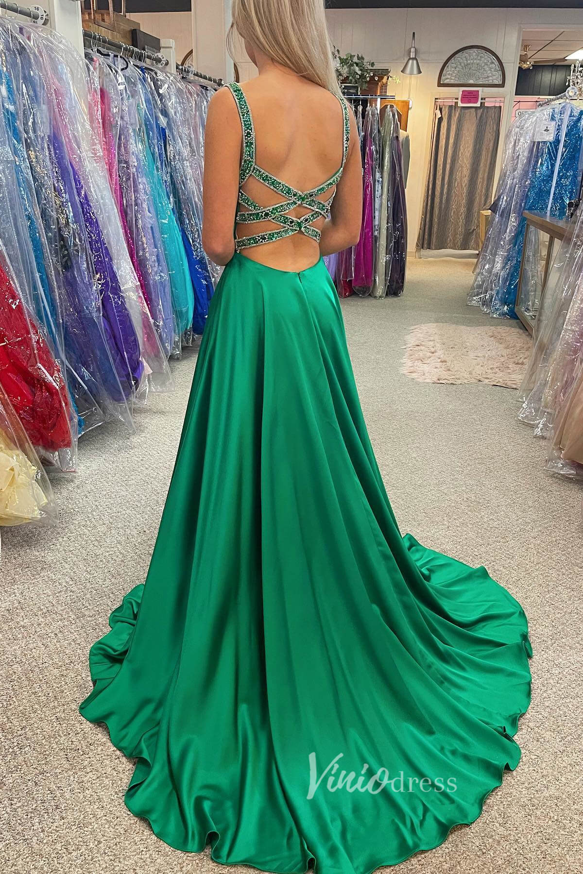 Graceful Green Satin Prom Dress with Beaded Corset Back FD3485 - Viniodressprom dressesGreenCustom Size - Formal Dresses - Ball Gowns