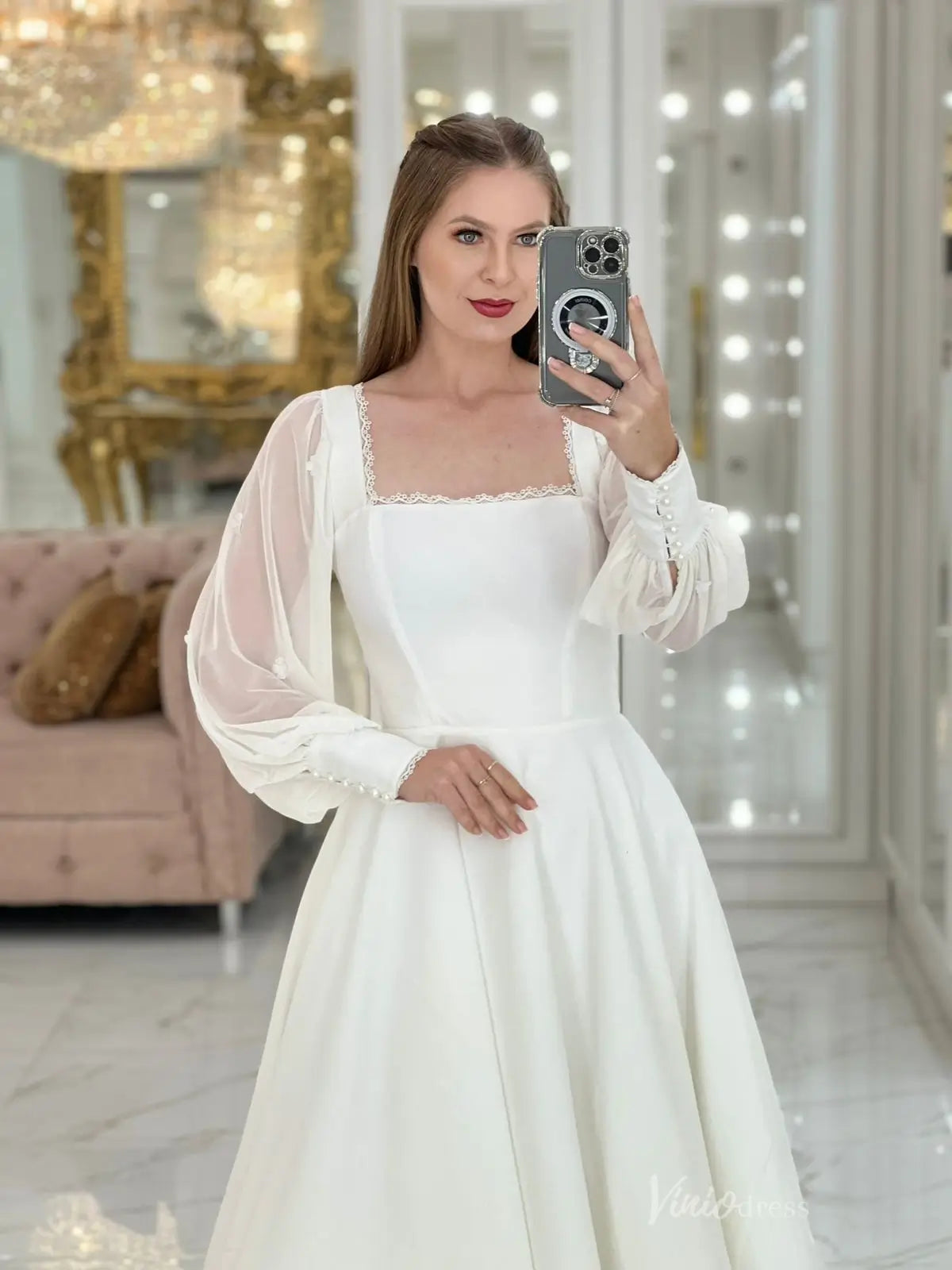 Graceful Ivory Crepe Tea-Length Wedding Dress with Square Neck, Sheer Puff Sleeves & Lace-Up Back – MS127-wedding dresses 2025 -Viniodress-Ivory-Custom Size-