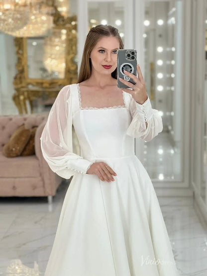 Graceful Ivory Crepe Tea-Length Wedding Dress with Square Neck, Sheer Puff Sleeves & Lace-Up Back – MS127-wedding dresses 2025 -Viniodress-Ivory-Custom Size-