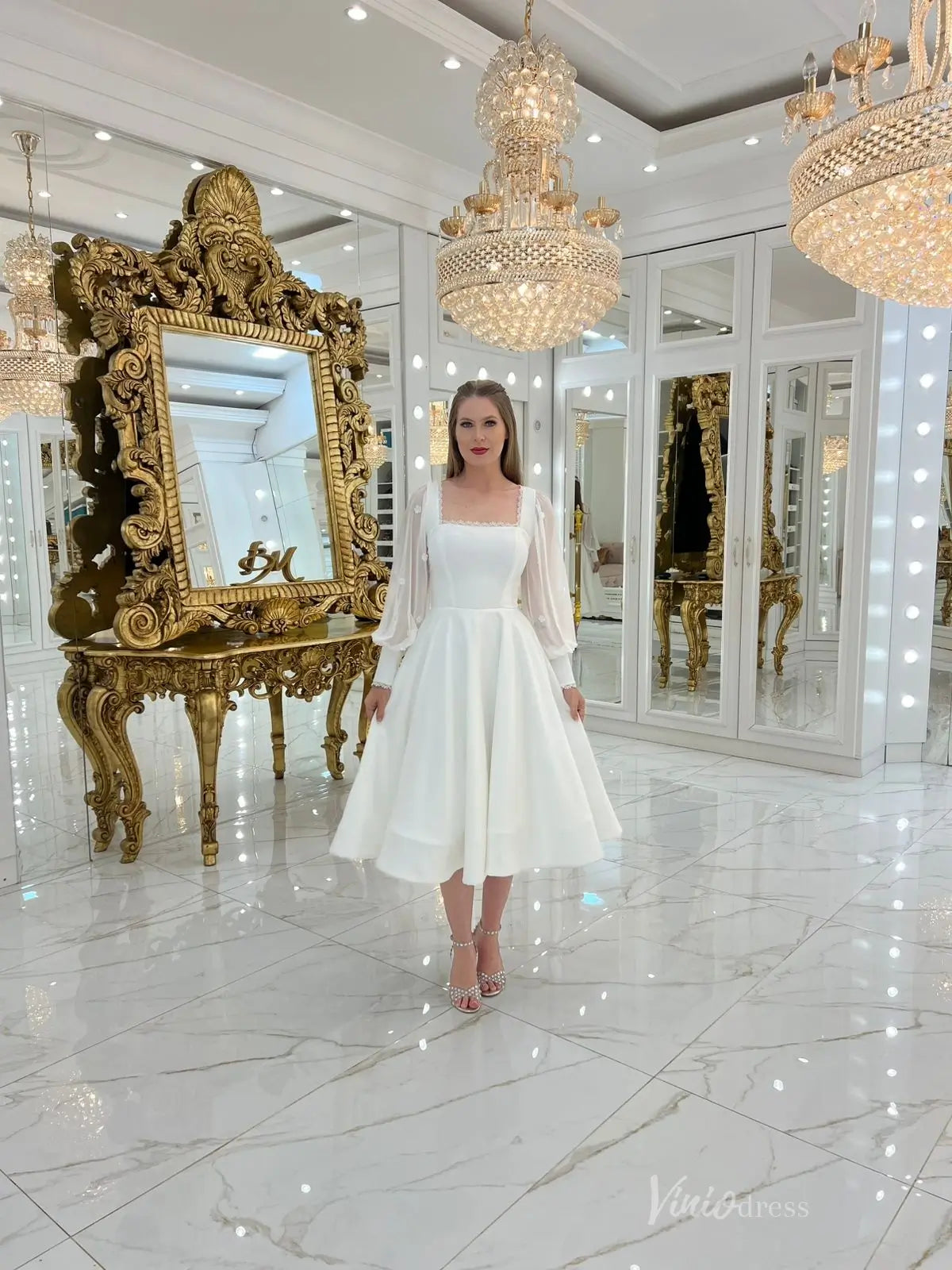 Graceful Ivory Crepe Tea-Length Wedding Dress with Square Neck, Sheer Puff Sleeves & Lace-Up Back – MS127-wedding dresses 2025 -Viniodress-Ivory-Custom Size-