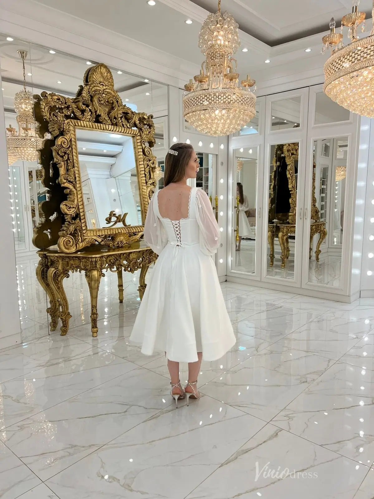 Ivory Tea-Length Crepe Wedding Dress with Puff Sleeves & Lace-Up Back MS127 Viniodress Ivory Tea-Length Crepe Wedding Dress with Puff Sleeves & Lace-Up Back MS127 Viniodress