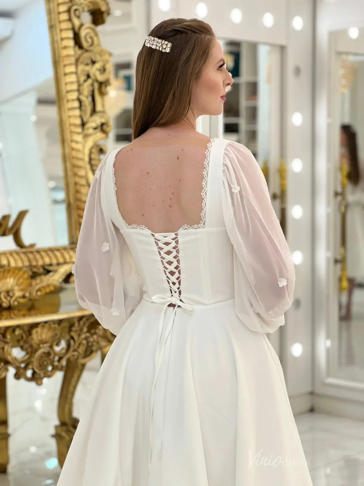 Ivory Tea-Length Crepe Wedding Dress with Puff Sleeves & Lace-Up Back MS127 Viniodress Ivory Tea-Length Crepe Wedding Dress with Puff Sleeves & Lace-Up Back MS127 Viniodress