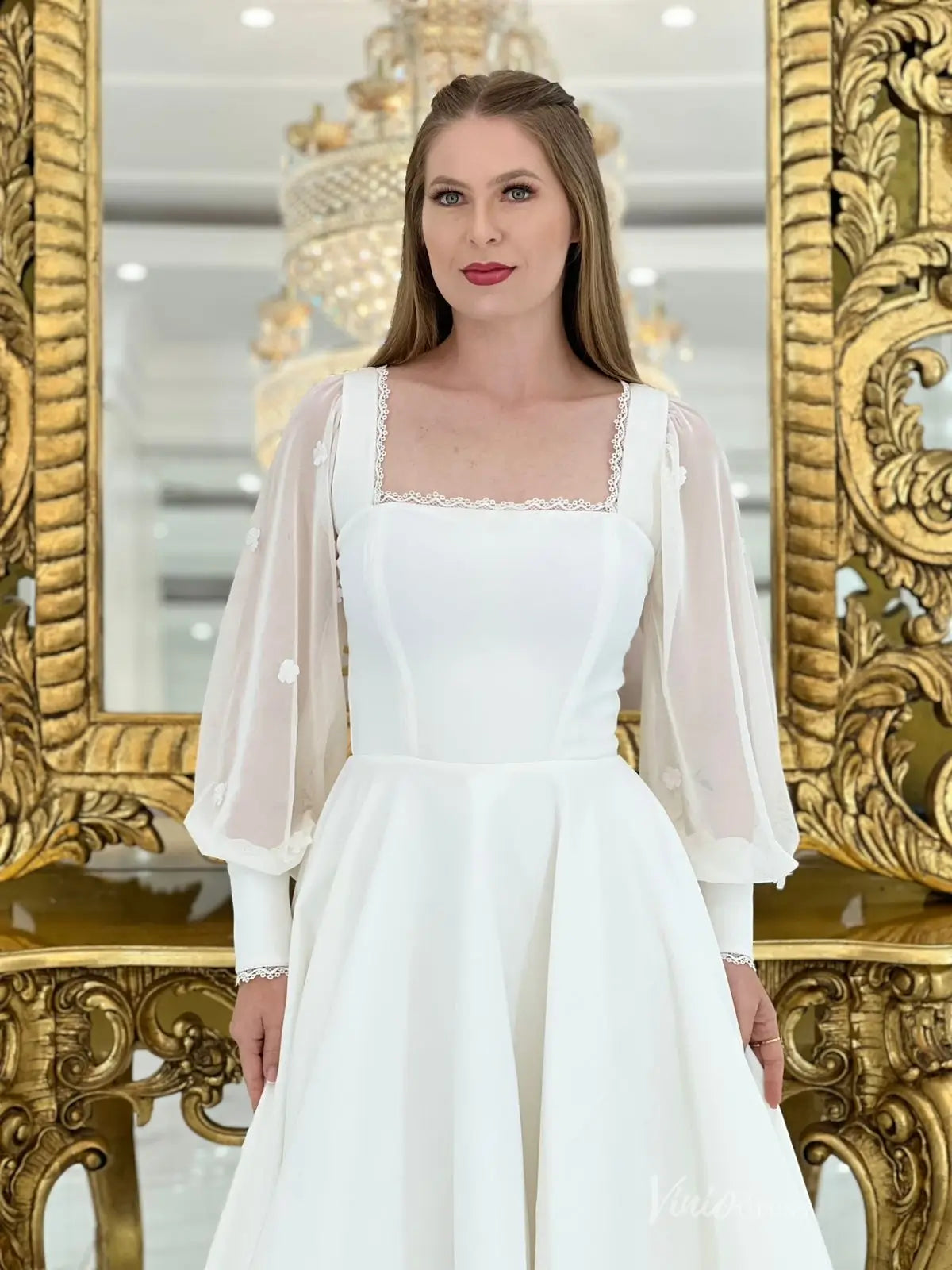 Ivory Tea-Length Crepe Wedding Dress with Puff Sleeves & Lace-Up Back MS127 Viniodress Ivory Tea-Length Crepe Wedding Dress with Puff Sleeves & Lace-Up Back MS127 Viniodress