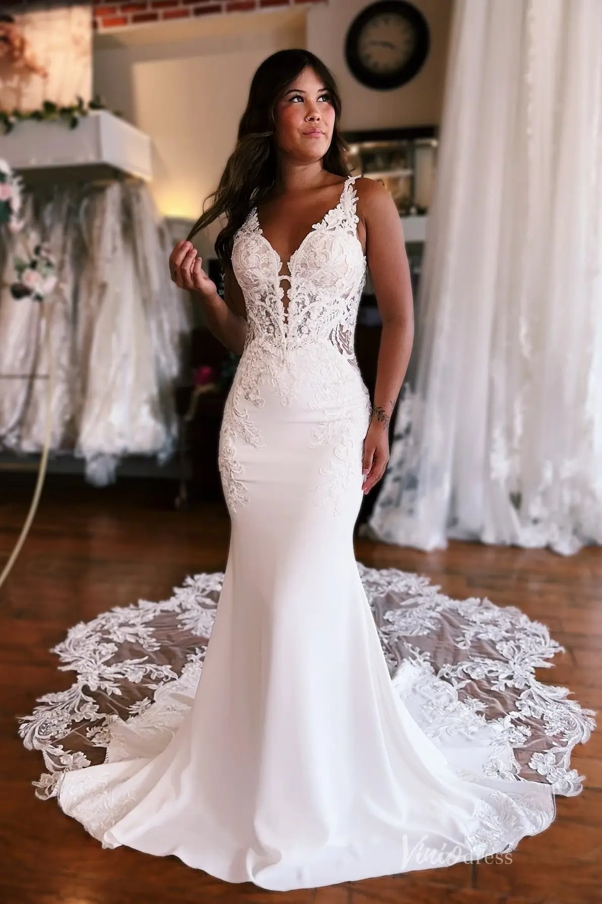 Graceful Lace Fit-and-Flare Wedding Dress with Illusion Back & Cathedral Train – SL001