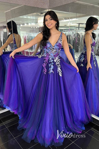 Gradient Blue Floral Applique Prom Dresses V-Neck A-Line Evening Dress FD3124-prom dresses 2025 -Viniodress-Blue-Custom Size-