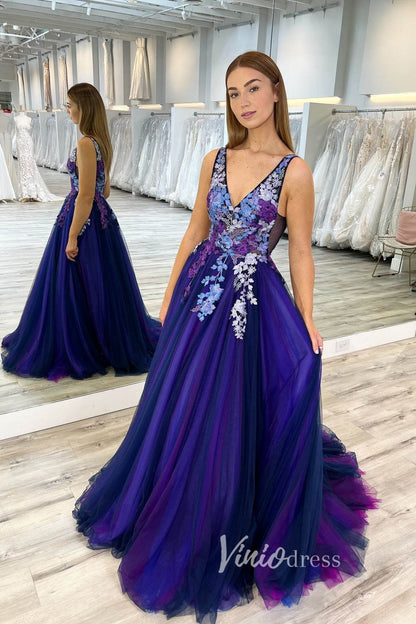 Gradient Blue Floral Applique Prom Dresses V-Neck A-Line Evening Dress FD3124-prom dresses 2025 -Viniodress-Blue-Custom Size-