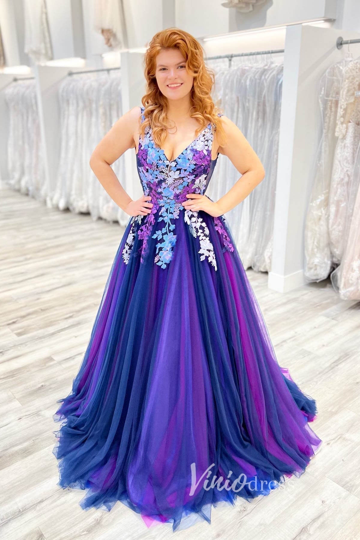 Gradient Blue Floral Applique Prom Dresses V-Neck A-Line Evening Dress FD3124-prom dresses 2025 -Viniodress-Blue-Custom Size-