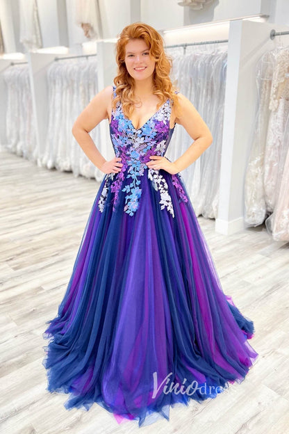 Gradient Blue Floral Applique Prom Dresses V-Neck A-Line Evening Dress FD3124-prom dresses 2025 -Viniodress-Blue-Custom Size-