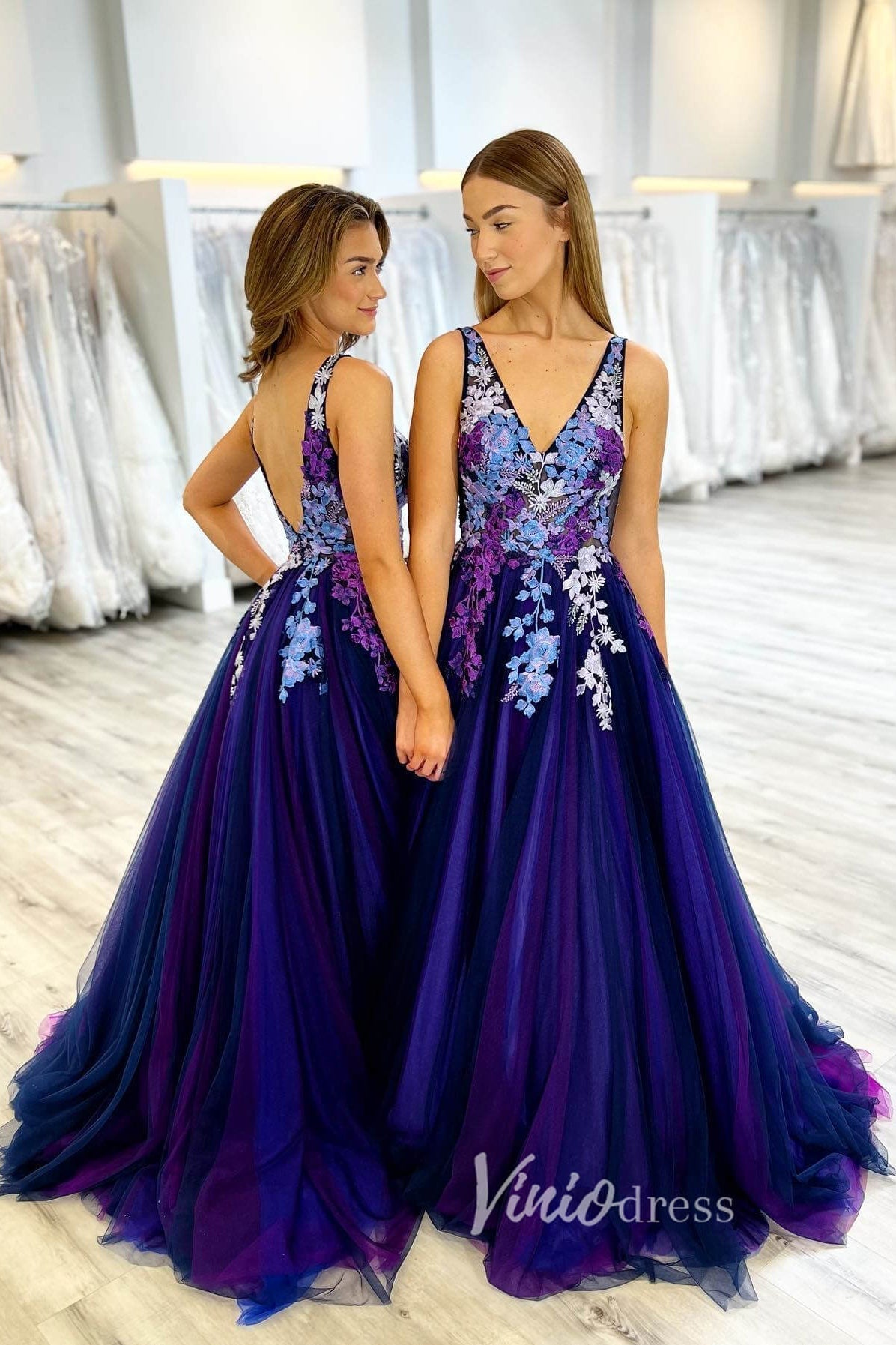 Gradient Blue Floral Applique Prom Dresses V-Neck A-Line Evening Dress FD3124-prom dresses 2025 -Viniodress-Blue-Custom Size-