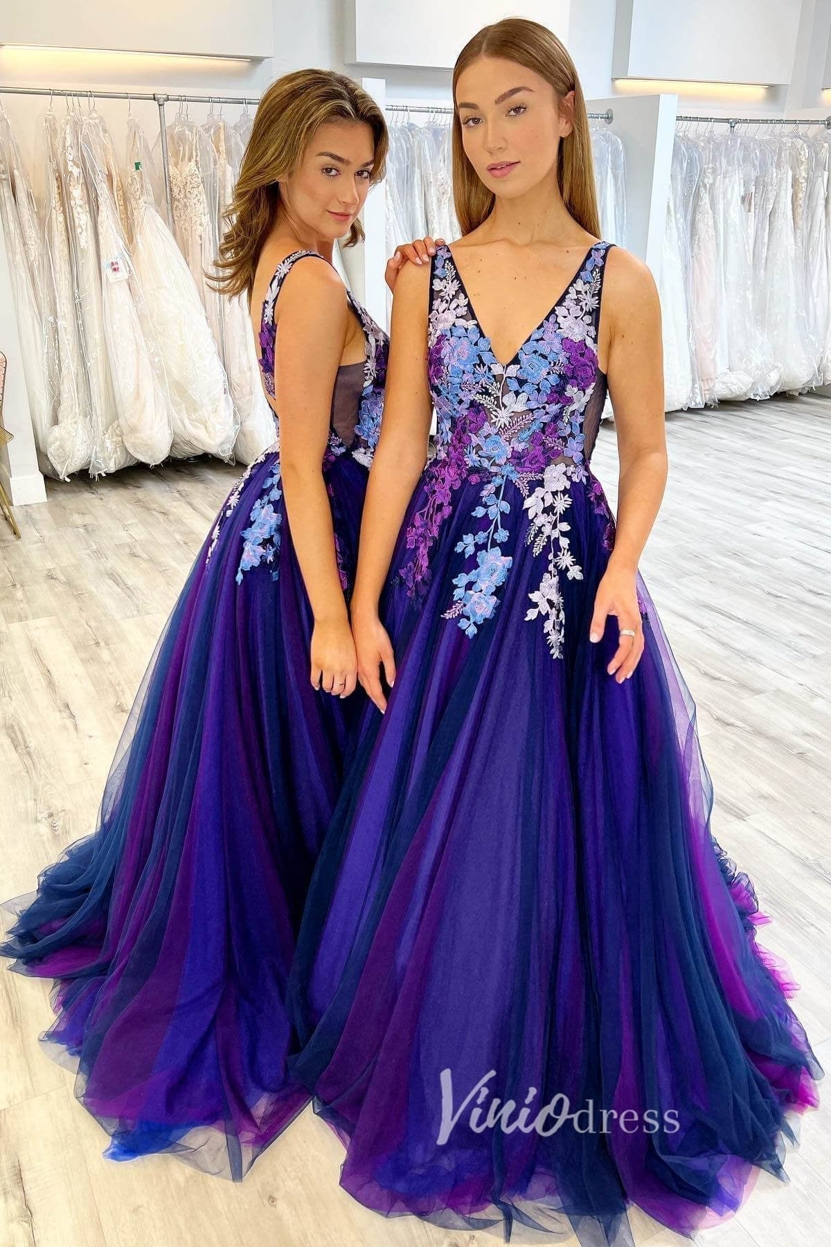 Gradient Blue Floral Applique Prom Dresses V-Neck A-Line Evening Dress FD3124-prom dresses 2025 -Viniodress-Blue-Custom Size-