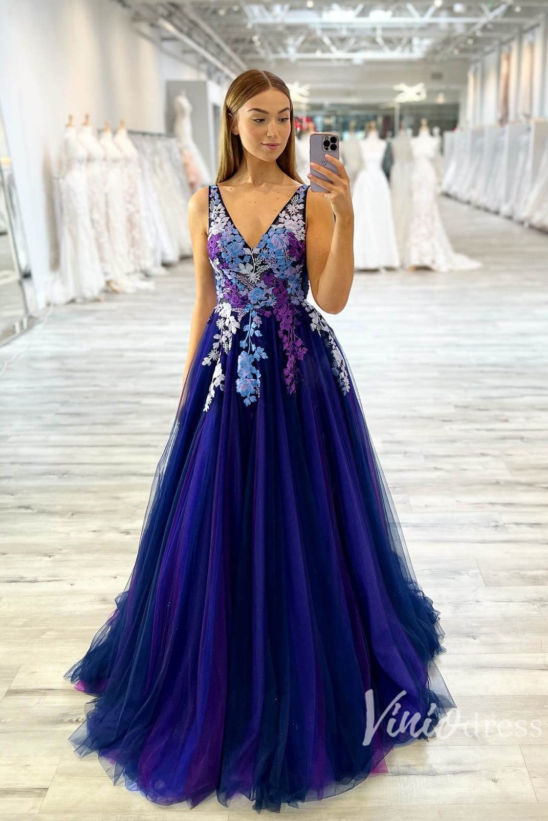 Gradient Blue Floral Applique Prom Dresses V-Neck A-Line Evening Dress FD3124-prom dresses 2025 -Viniodress-Blue-Custom Size-