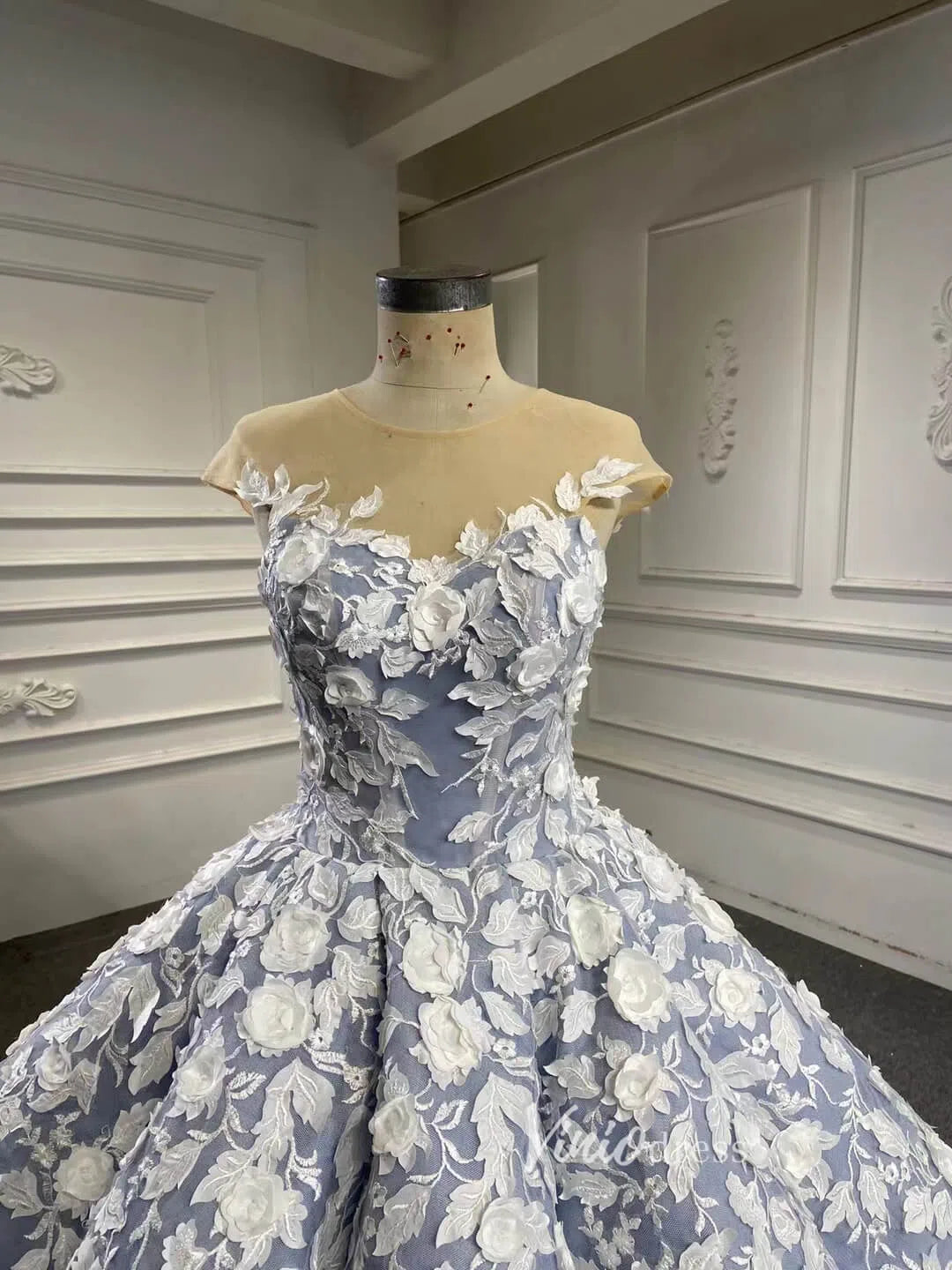 Gradient Blue Princess Ball Gown 3D Flower Debut Dress 66698 viniodress-prom dresses 2025 -Viniodress-Blue-Custom Size-