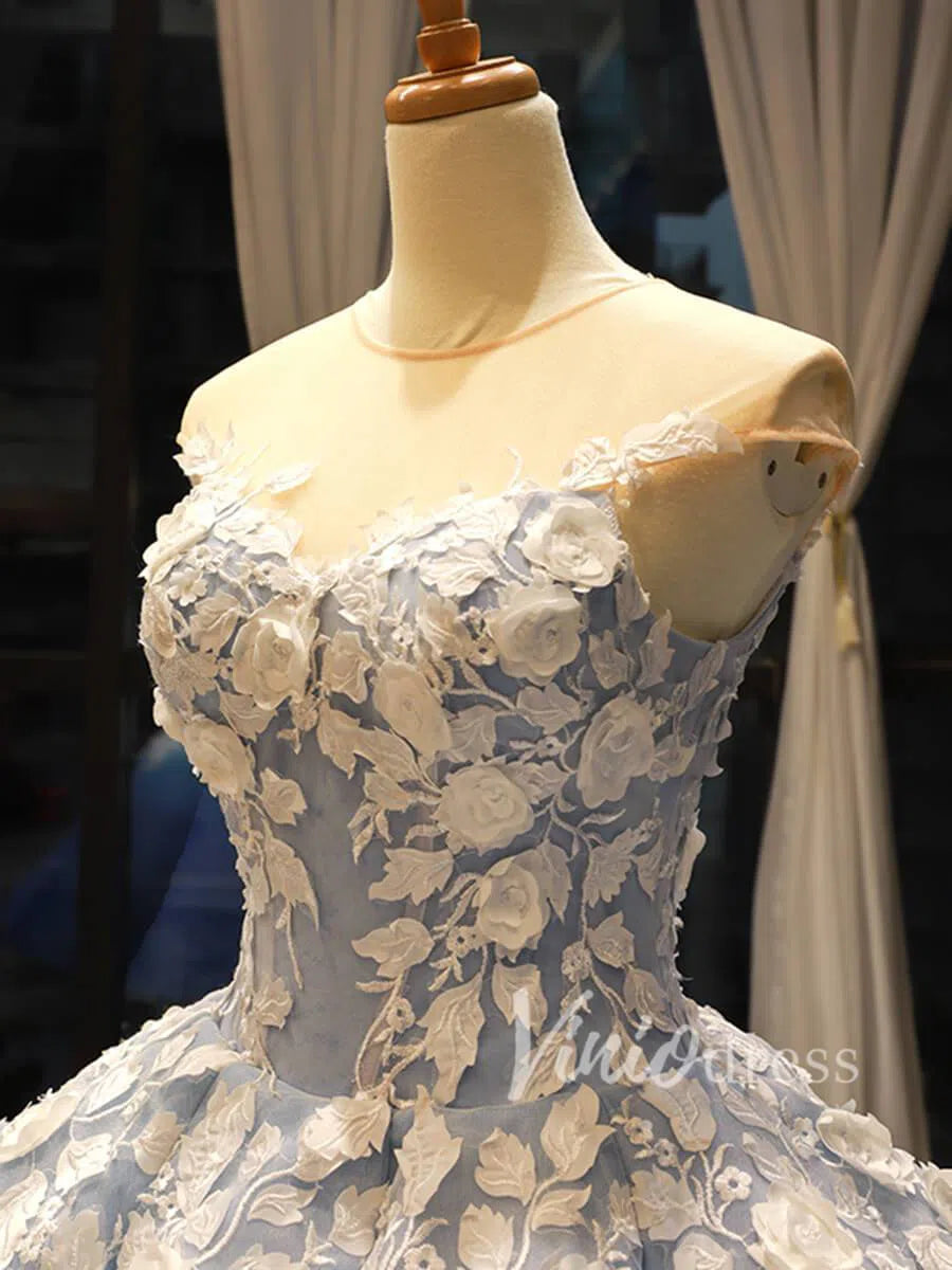 Gradient Blue Princess Ball Gown 3D Flower Debut Dress 66698 viniodress-prom dresses 2025 -Viniodress-Blue-Custom Size-