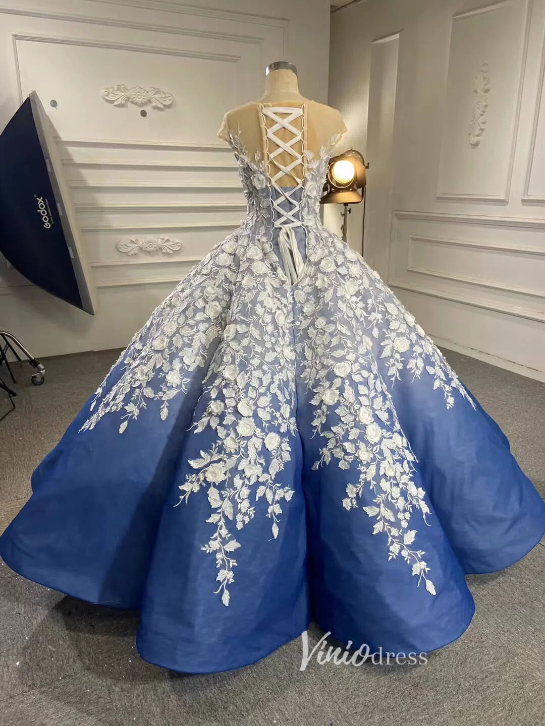 Gradient Blue Princess Ball Gown 3D Flower Debut Dress 66698 viniodress-prom dresses 2025 -Viniodress-Blue-Custom Size-