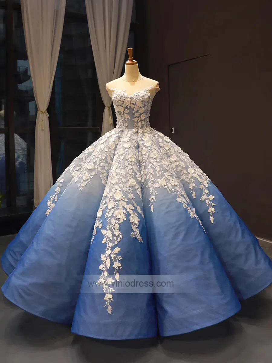 Gradient Blue Princess Ball Gown 3D Flower Debut Dress 66698 viniodress-prom dresses 2025 -Viniodress-Blue-Custom Size-