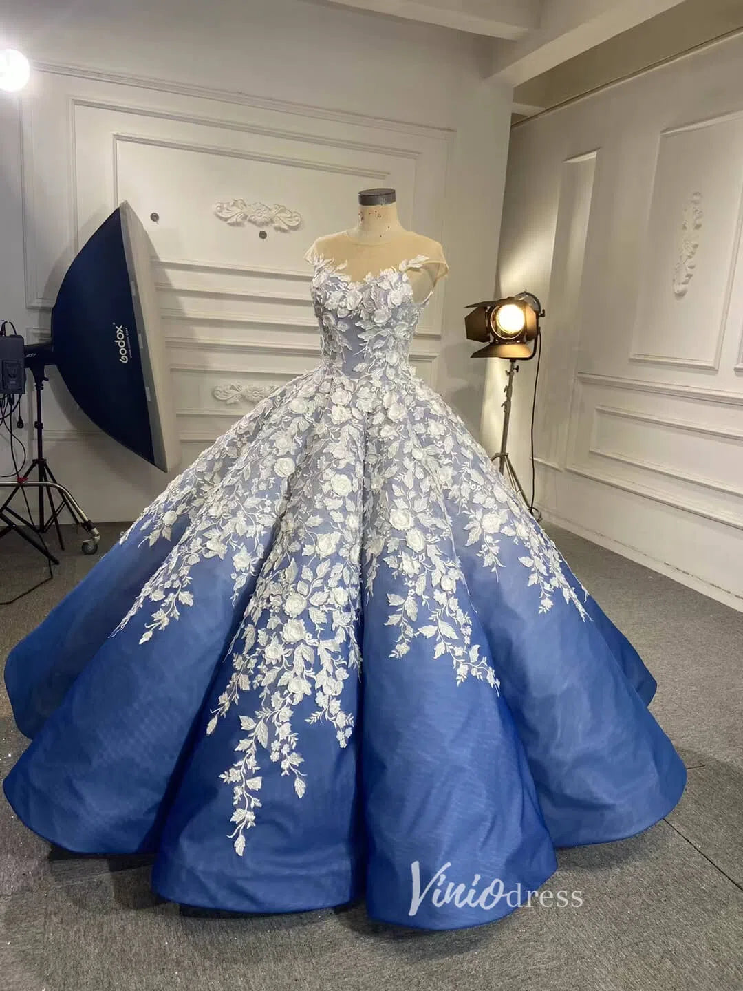 Gradient Blue Princess Ball Gown 3D Flower Debut Dress 66698 viniodress-prom dresses-Viniodress-Viniodress