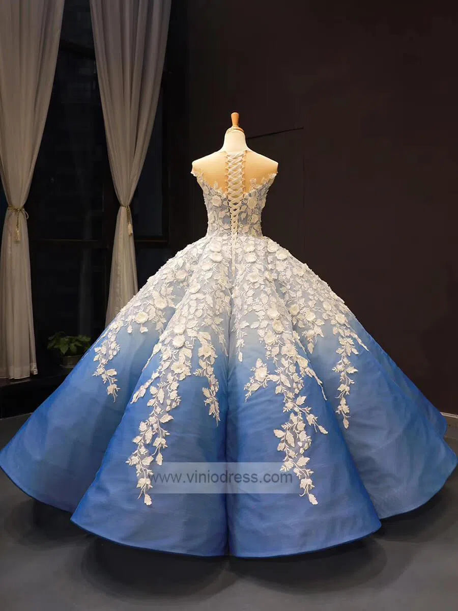 Gradient Blue Princess Ball Gown 3D Flower Debut Dress 66698 viniodress-prom dresses-Viniodress-Viniodress