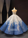 Gradient Blue Princess Ball Gown 3D Flower Debut Dress 66698 viniodress-prom dresses-Viniodress-Viniodress