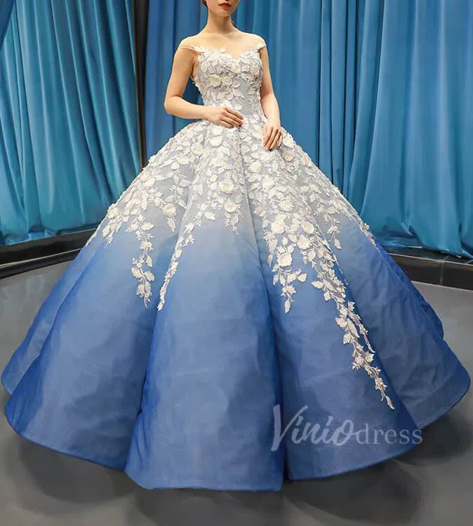 Gradient Blue Princess Ball Gown 3D Flower Debut Dress 66698 viniodress