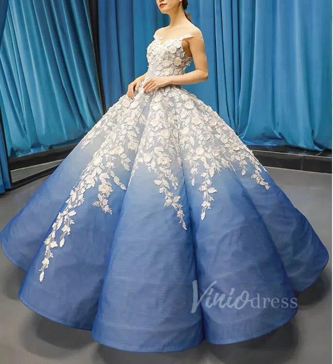 Gradient Blue Princess Ball Gown 3D Flower Debut Dress 66698 viniodress-prom dresses-Viniodress-Viniodress