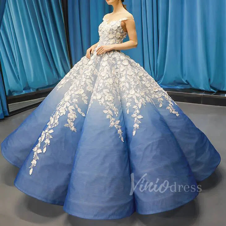 Gradient Blue Princess Ball Gown 3D Flower Debut Dress 66698 viniodress-prom dresses-Viniodress-Viniodress