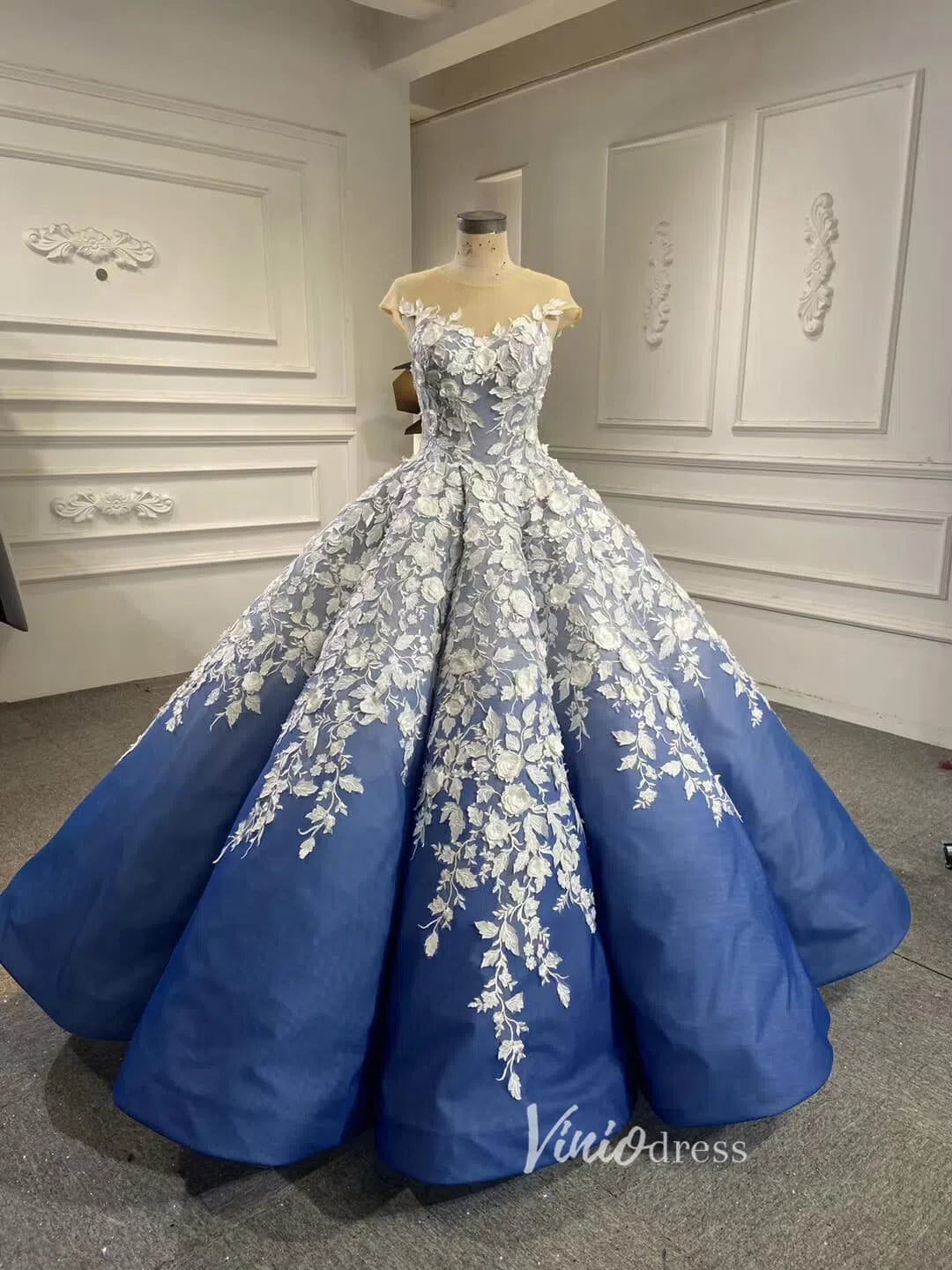 Gradient Blue Princess Ball Gown 3D Flower Debut Dress 66698 viniodress-prom dresses-Viniodress-Viniodress