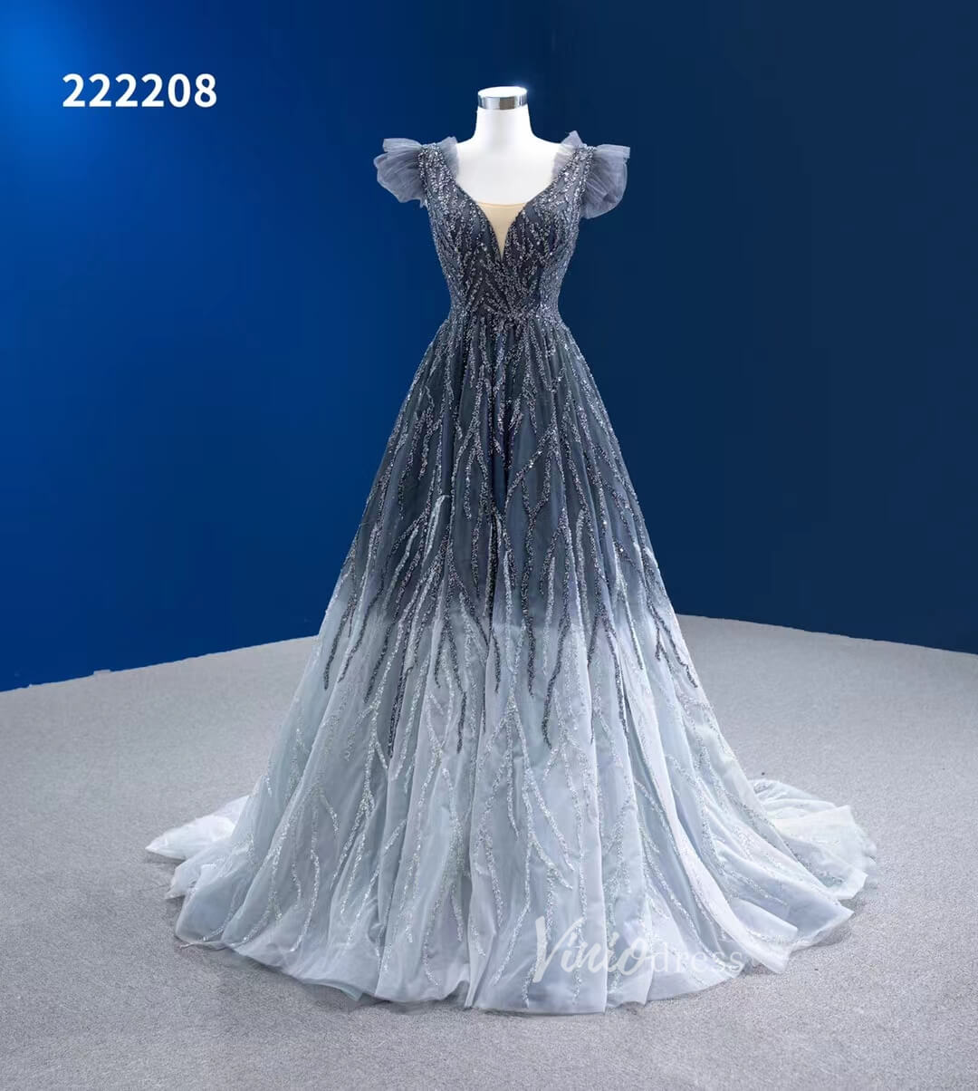 Gradient Grey Prom Dress Beaded V-neck Pageant Dress 222208-Evening Dresses 2025 -Viniodress-Grey-Custom Size-