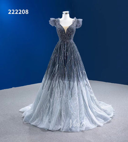 Gradient Grey Prom Dress Beaded V-neck Pageant Dress 222208-Evening Dresses 2025 -Viniodress-Grey-Custom Size-