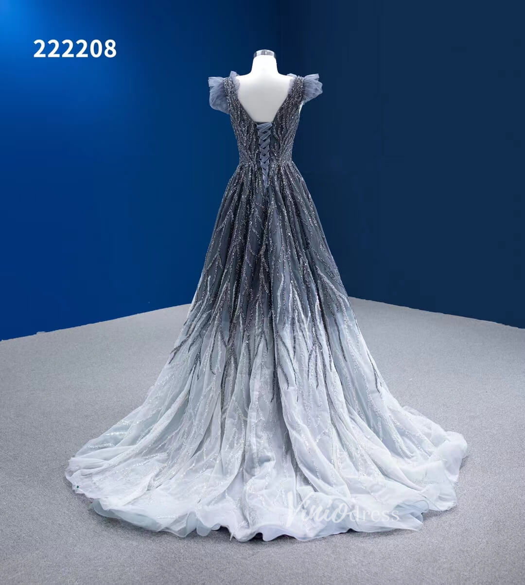 Gradient Grey Prom Dress Beaded V-neck Pageant Dress 222208 Viniodress Gradient Grey Prom Dress Beaded V-neck Pageant Dress 222208 Viniodress