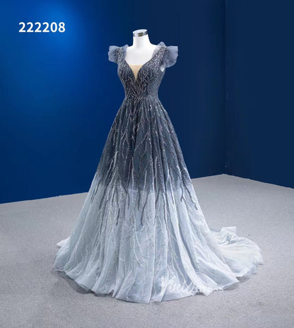 Gradient Grey Prom Dress Beaded V-neck Pageant Dress 222208-Evening Dresses 2025 -Viniodress-Grey-Custom Size-