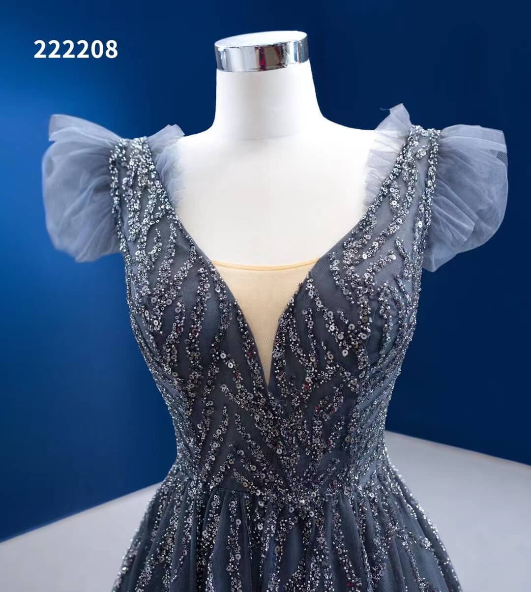 Gradient Grey Prom Dress Beaded V-neck Pageant Dress 222208-Evening Dresses 2025 -Viniodress-Grey-Custom Size-