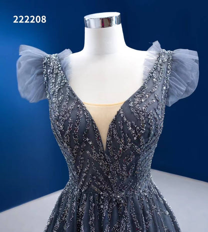 Gradient Grey Prom Dress Beaded V-neck Pageant Dress 222208-Evening Dresses 2025 -Viniodress-Grey-Custom Size-